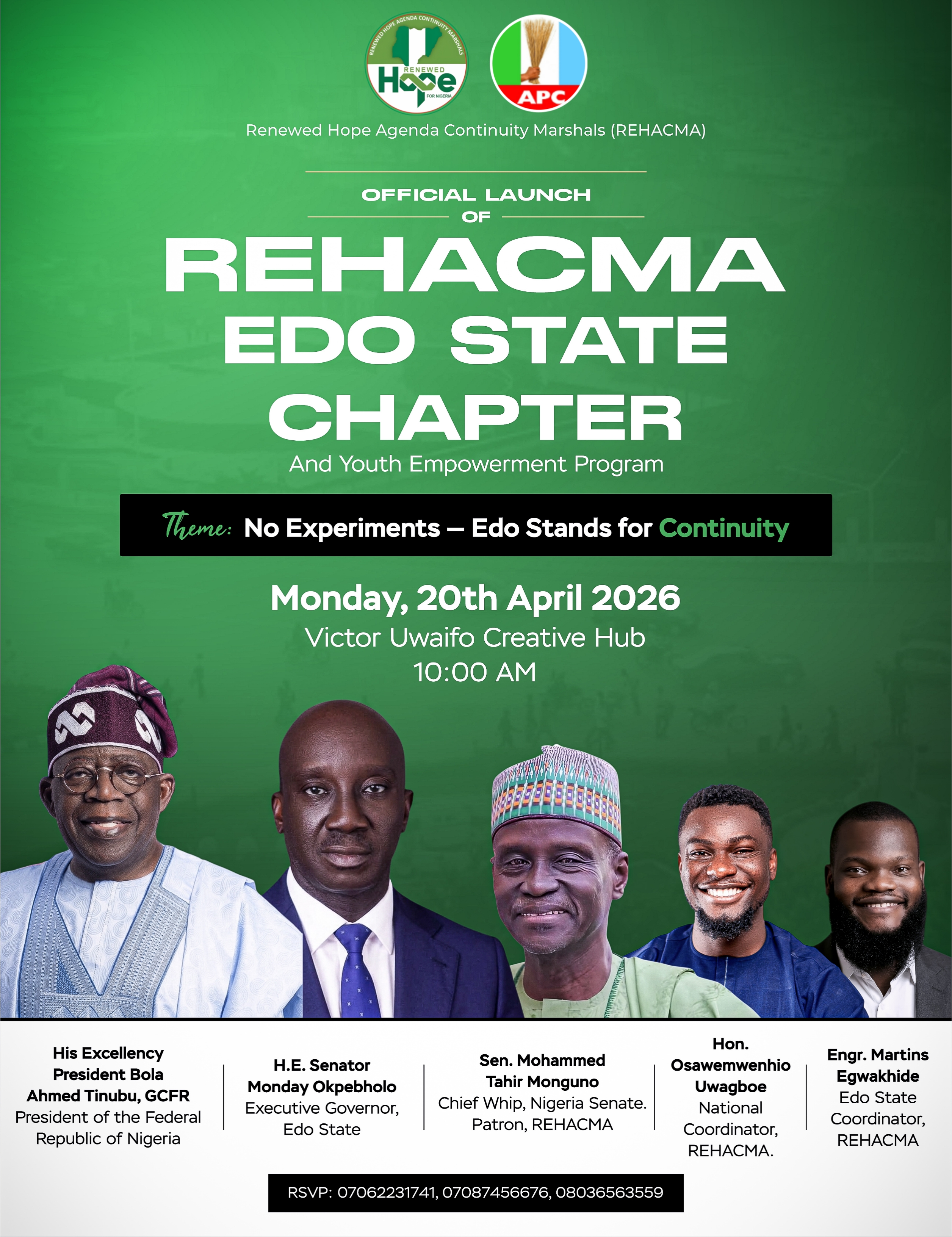 Official launch poster: REHACMA Edo State Chapter and Youth Empowerment Program, 20 April 2026 at Victor Uwaifo Creative Hub, featuring President Bola Ahmed Tinubu and REHACMA leadership.
